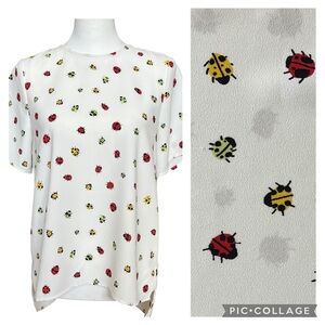 ModCloth Blouse Size XS White Lady Bug High Low Novelty Short Sleeve